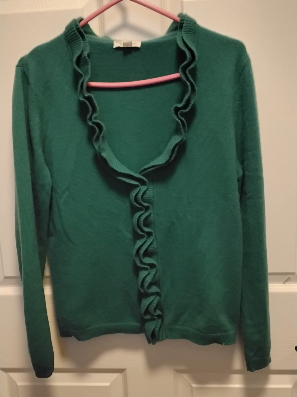 Garnet Hill Elegant 100% Cashmere Emerald Ruffle-Trim V-Neck Cardigan